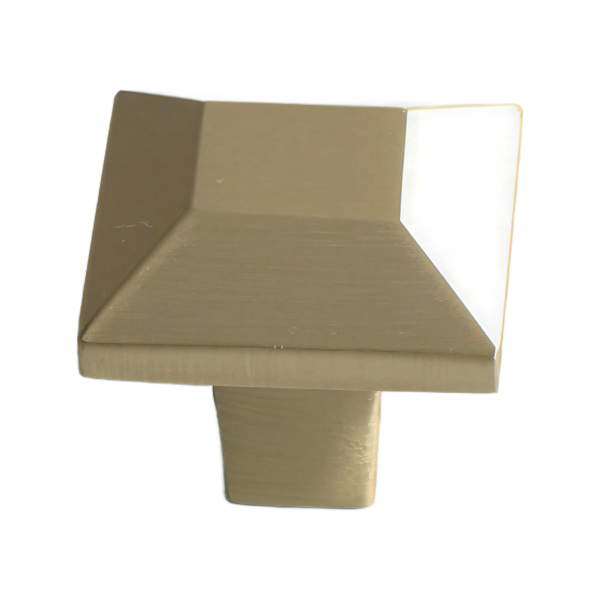 Brushed gold-tone square cabinet knob with tapered sides and a stepped face, option No. 5.