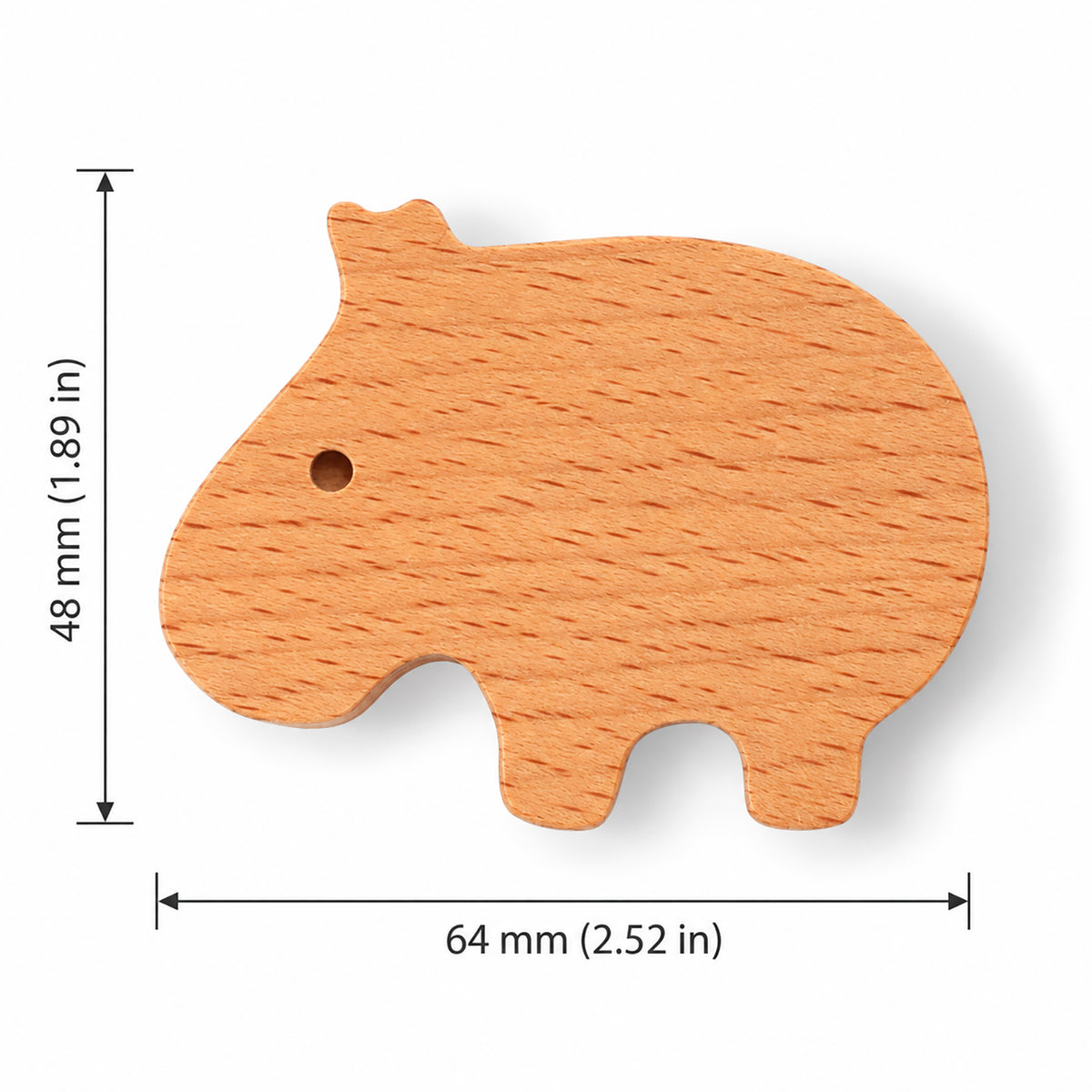 Measurement diagram for capybara-shaped wood cabinet knob or wall hook, style #7.