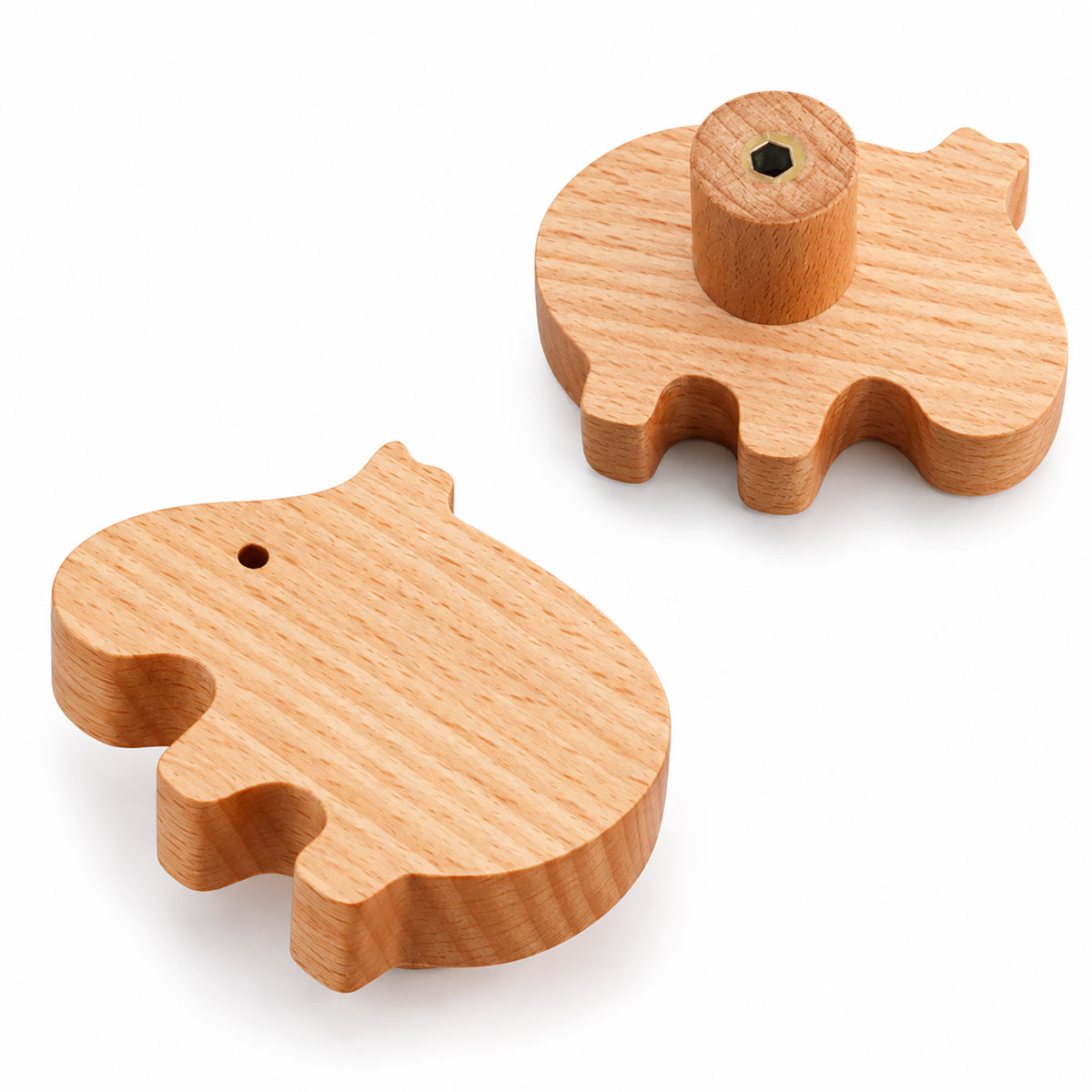 Multiple views of capybara-shaped wood cabinet knob or wall hook, style #7.