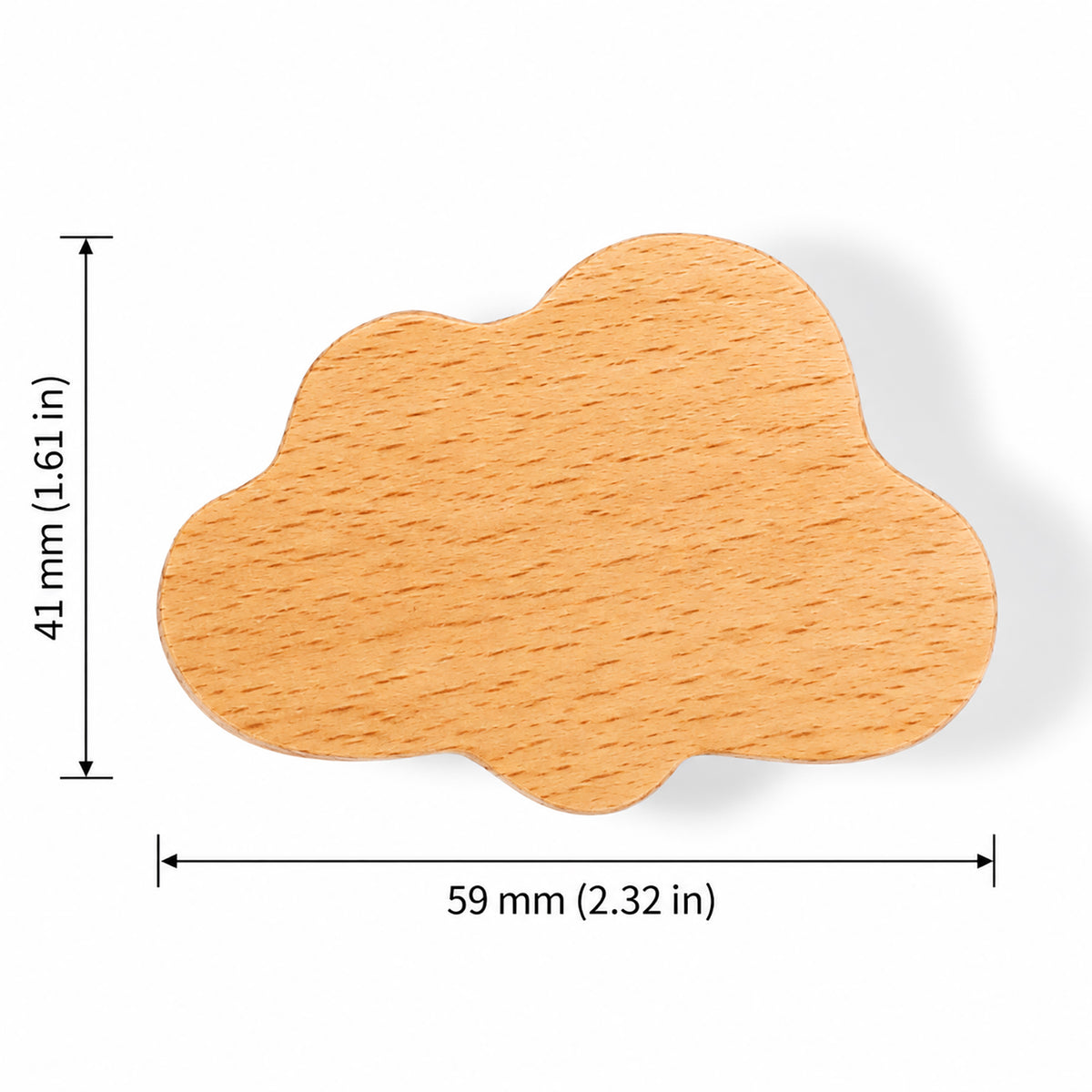 Measurement diagram for cloud-shaped wood cabinet knob or wall hook, style #2.