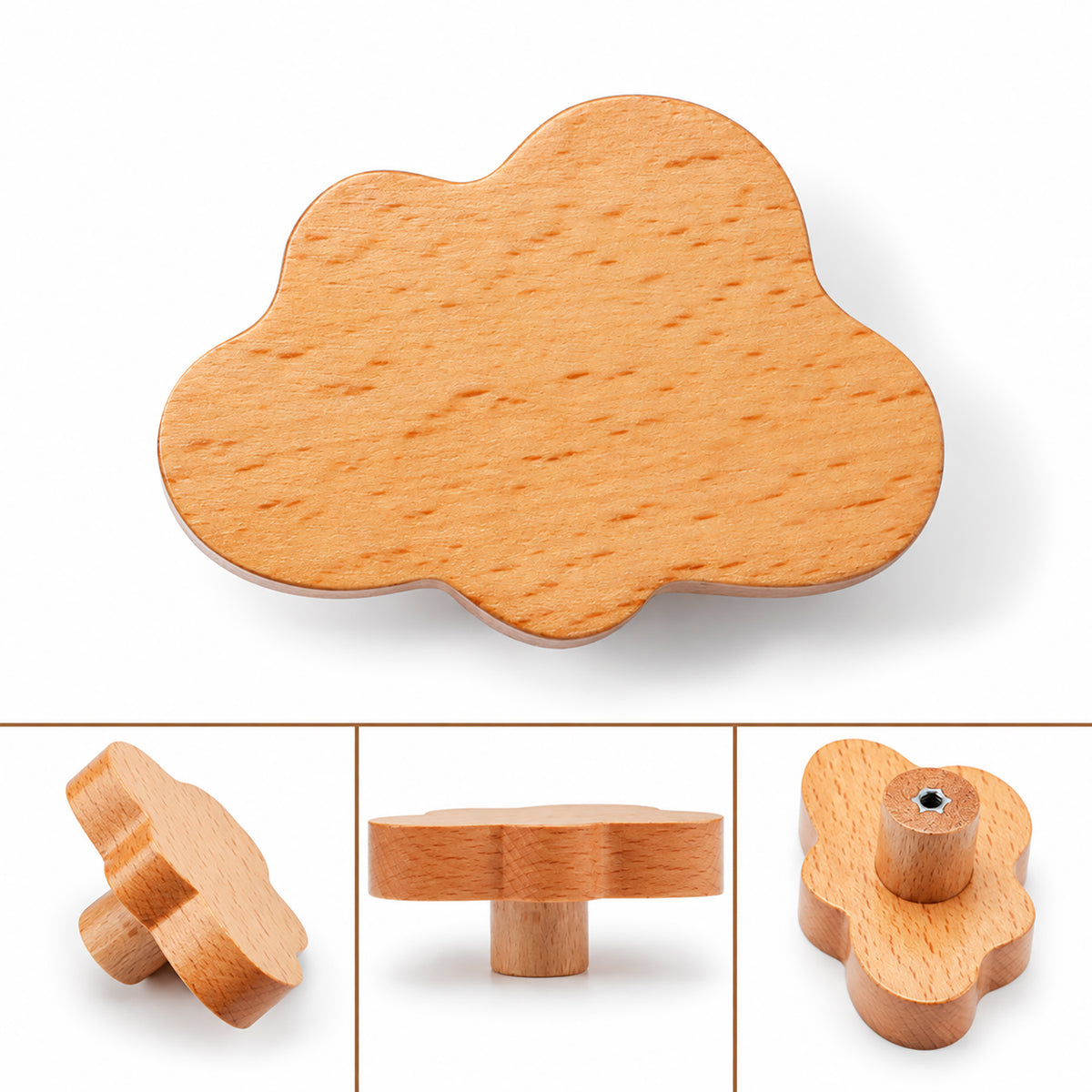 Multiple views of cloud-shaped wood cabinet knob or wall hook, style #2.