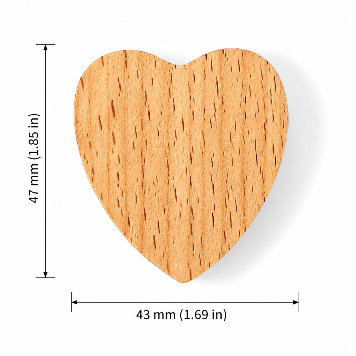 Measurement diagram for heart-shaped wood cabinet knob or wall hook, style #5.
