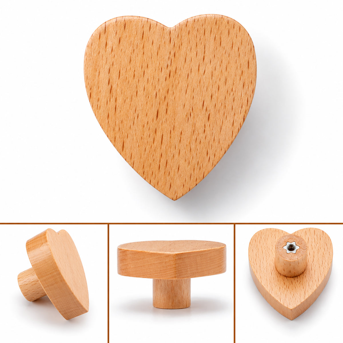 Multiple views of heart-shaped wood cabinet knob or wall hook, style #5.