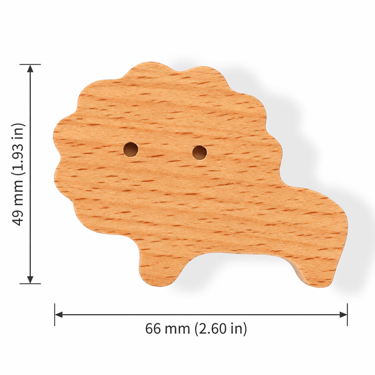 Measurement diagram for lion-shaped wood cabinet knob or wall hook, style #9.