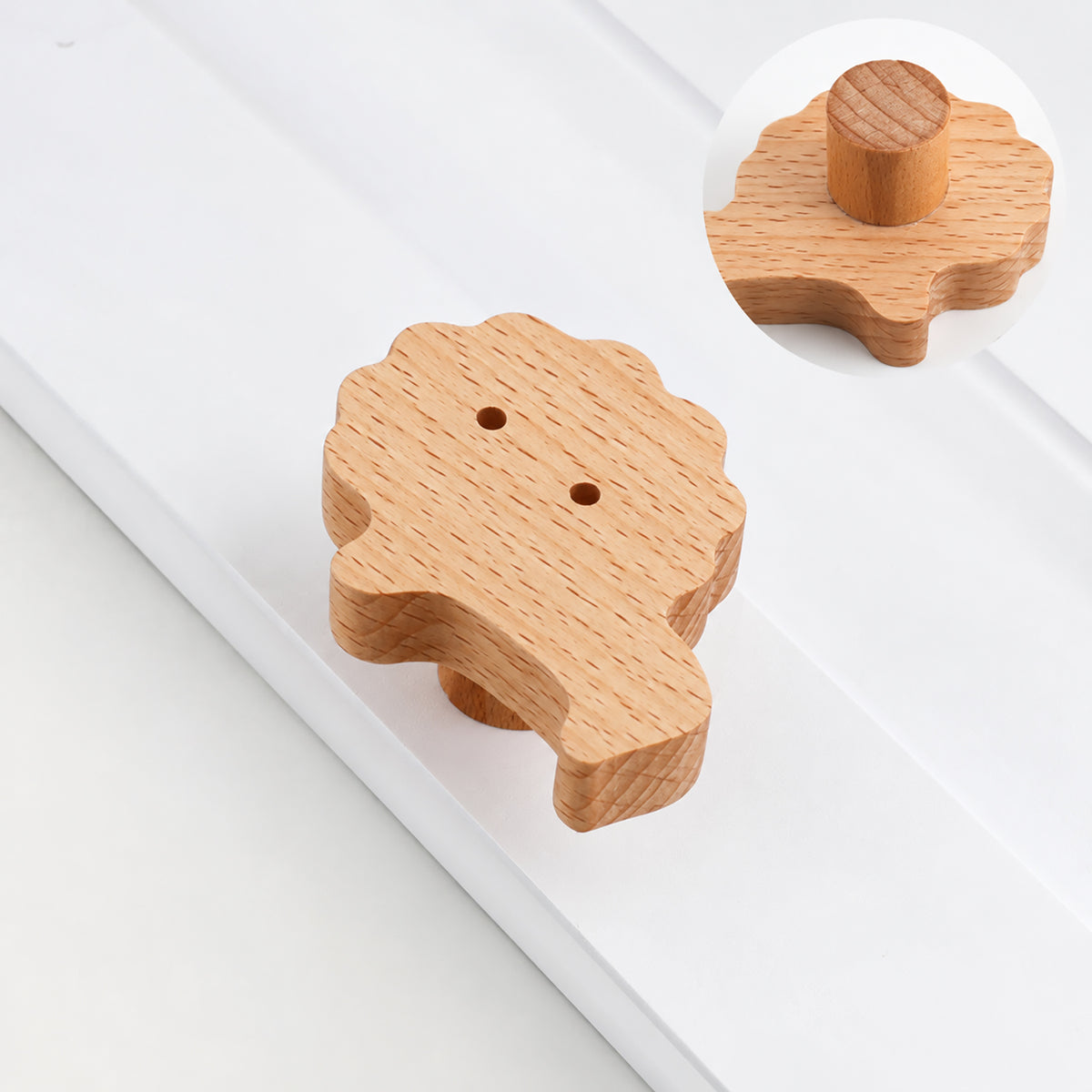 Multiple views of lion-shaped wood cabinet knob or wall hook, style #9.