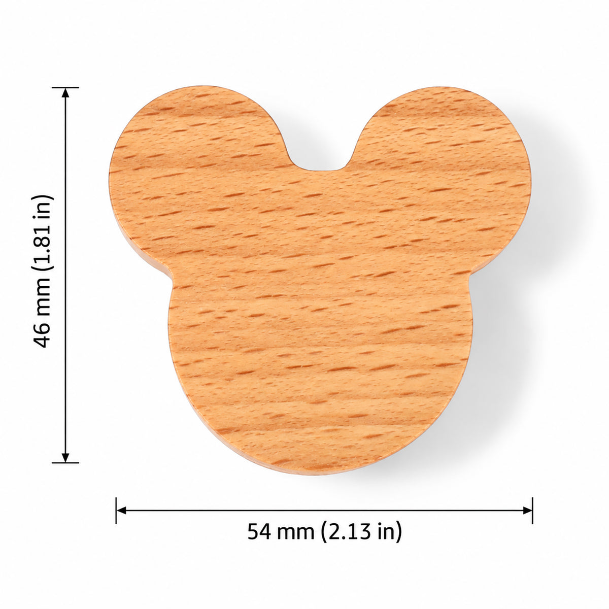 Measurement diagram for mouse-shaped wood cabinet knob or wall hook, style #4.