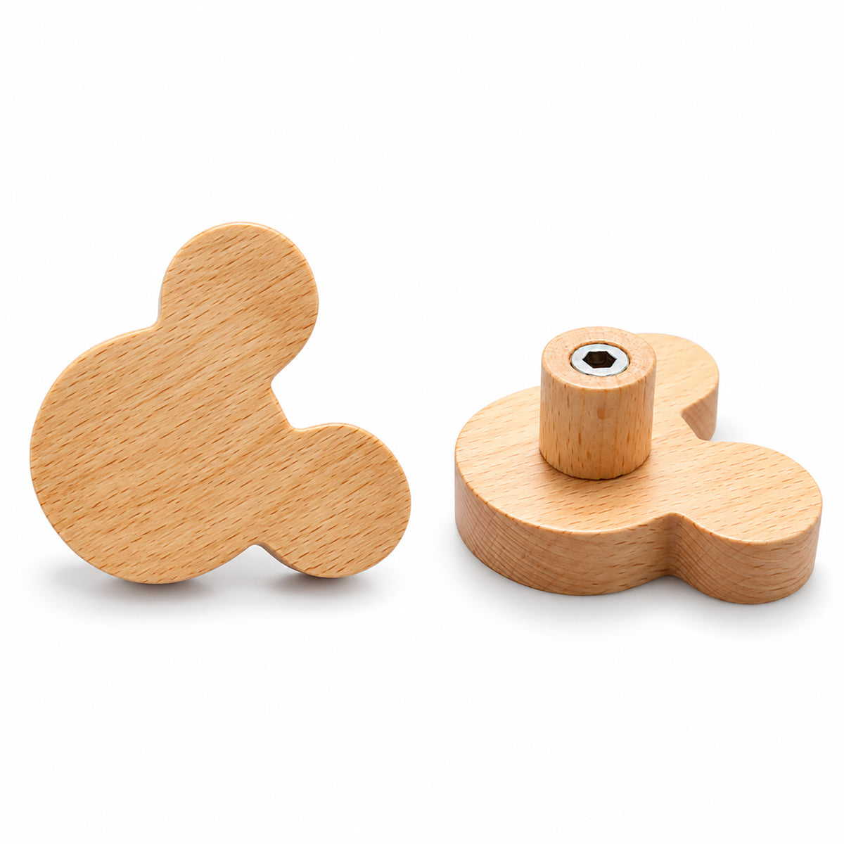 Multiple views of mouse-shaped wood cabinet knob or wall hook, style #4.