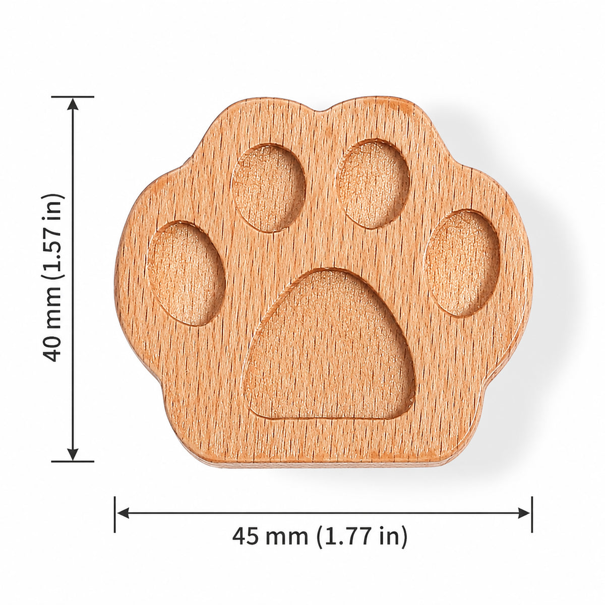 Measurement diagram for paw-shaped wood cabinet knob or wall hook, style #12.