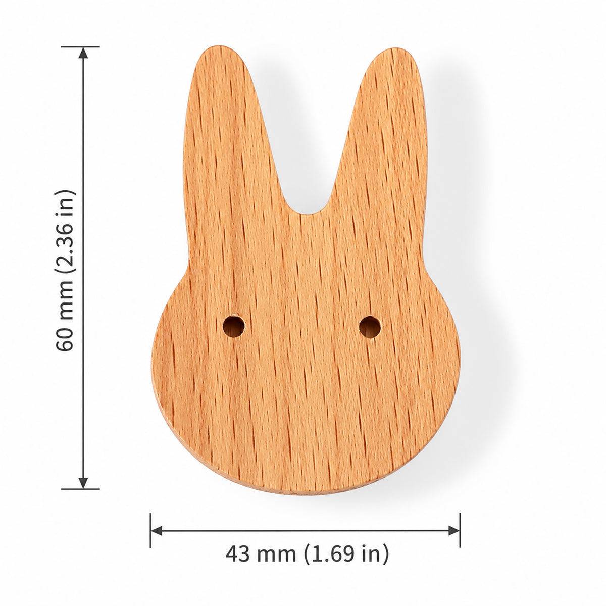 Measurement diagram for rabbit-shaped wood cabinet knob or wall hook, style #10.