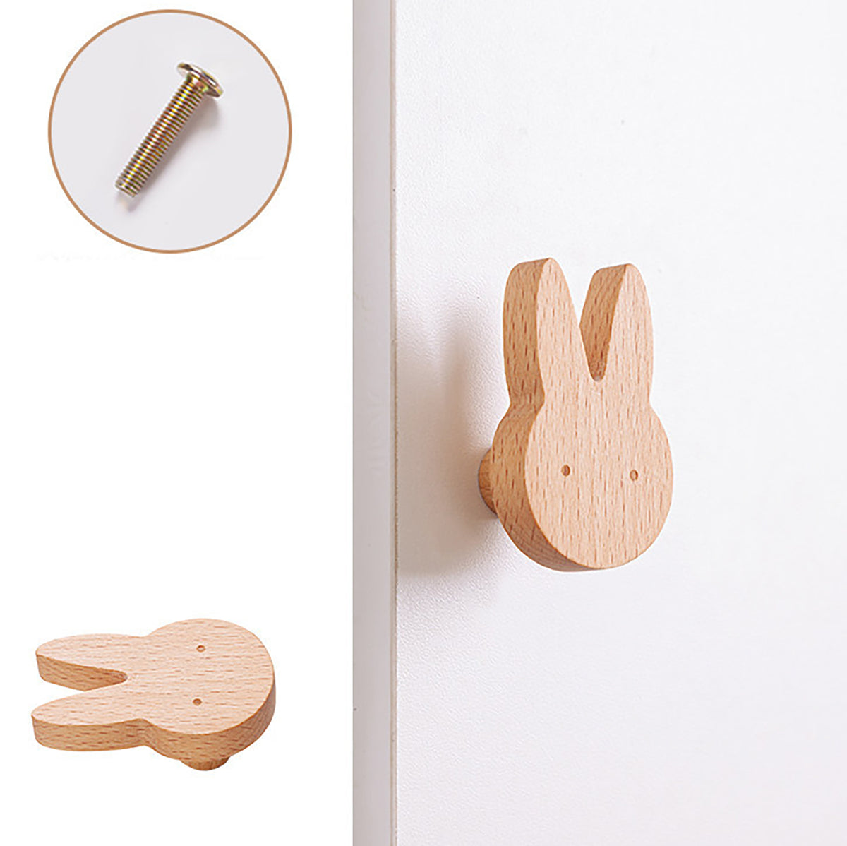 Multiple views of rabbit-shaped wood cabinet knob or wall hook, style #10.