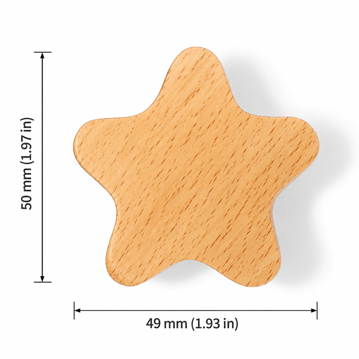Measurement diagram for star-shaped wood cabinet knob or wall hook, style #1.