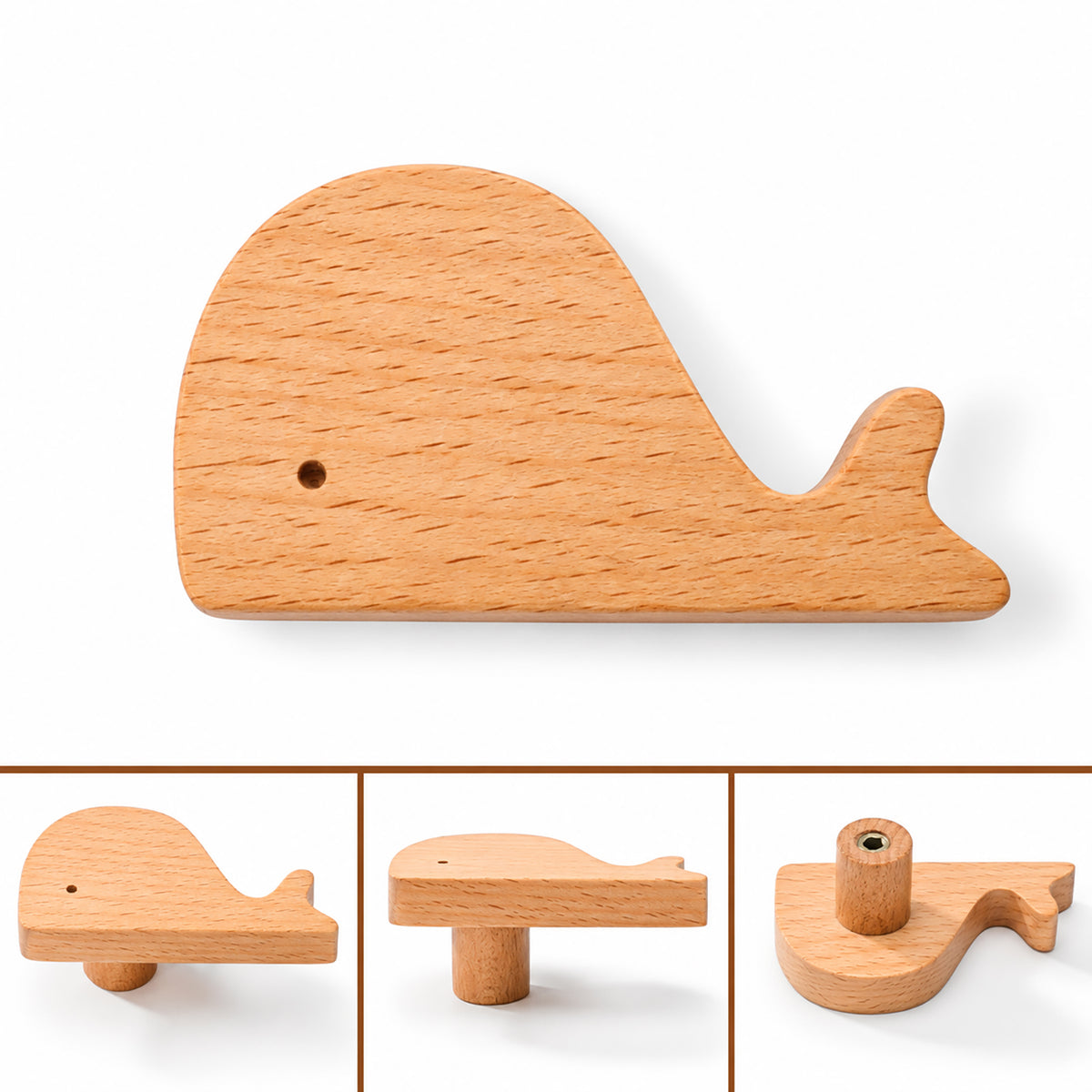 Multiple views of whale-shaped wood cabinet knob or wall hook, style #8.