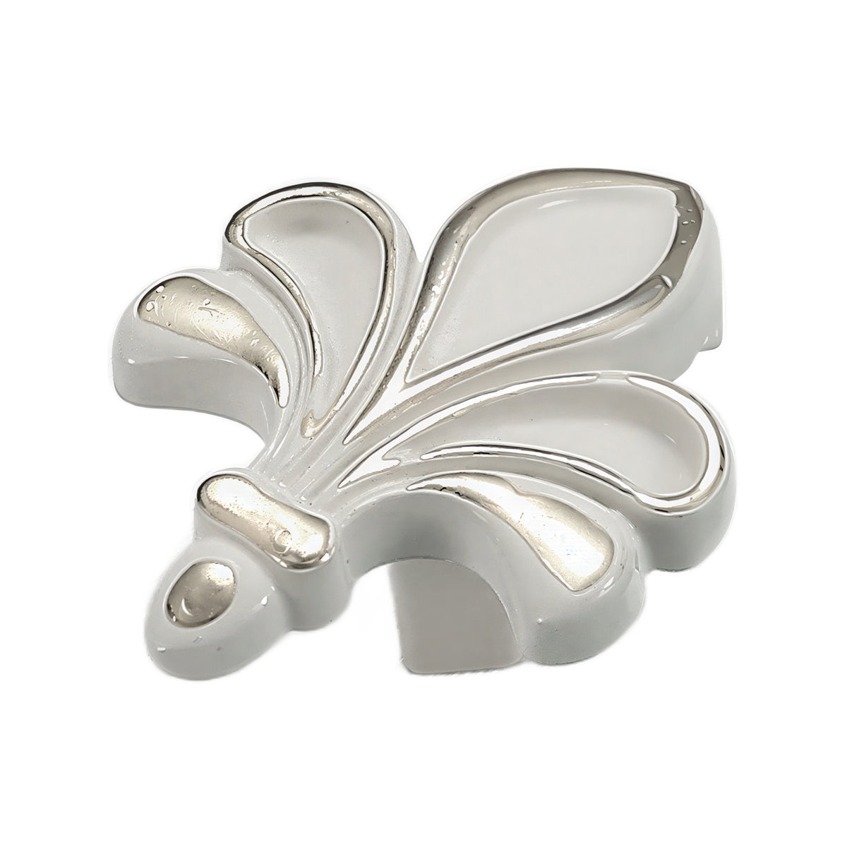 White and silver-tone fleur-de-lis cabinet knob with raised leaf-shaped petals, option No. 5.
