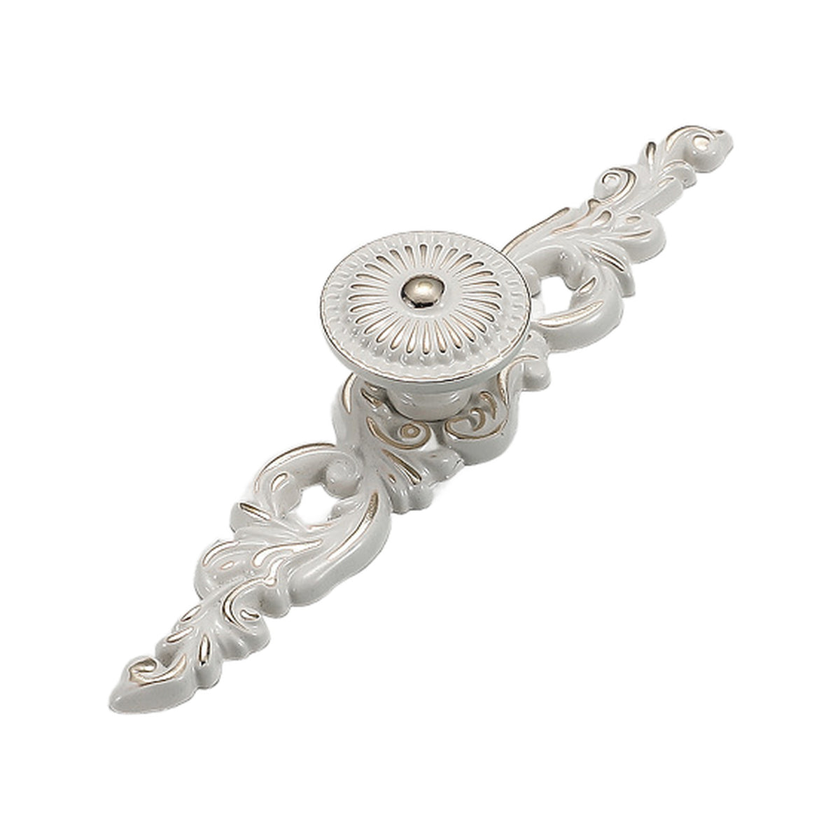 White and silver-tone cabinet knob on an ornate floral backplate, option No. 20, 151 mm.