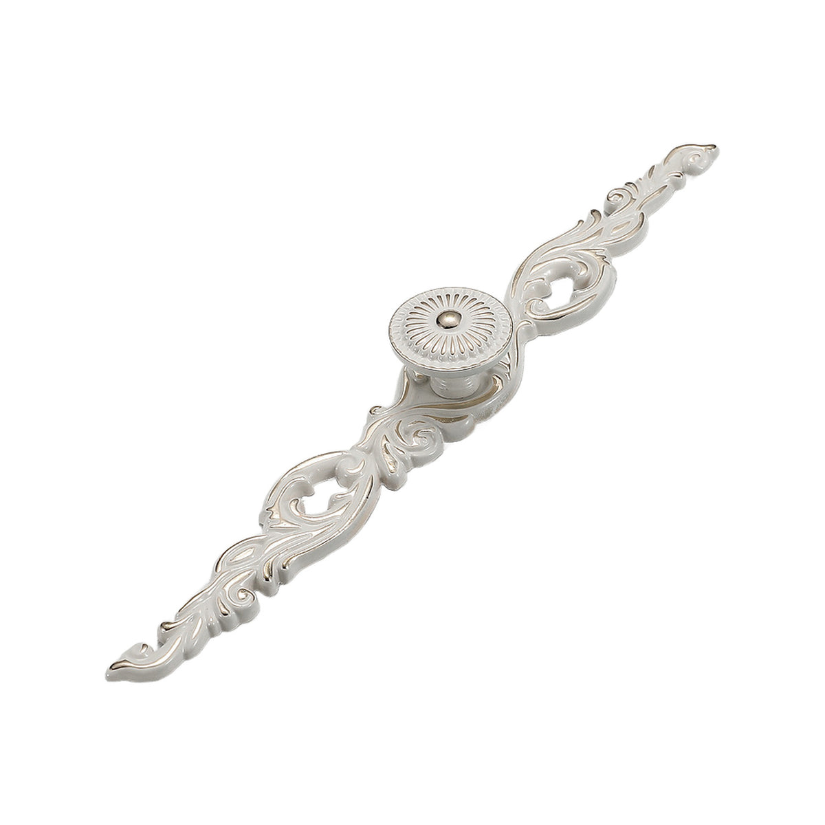White and silver-tone cabinet knob on an ornate floral backplate, option No. 20, 242 mm.