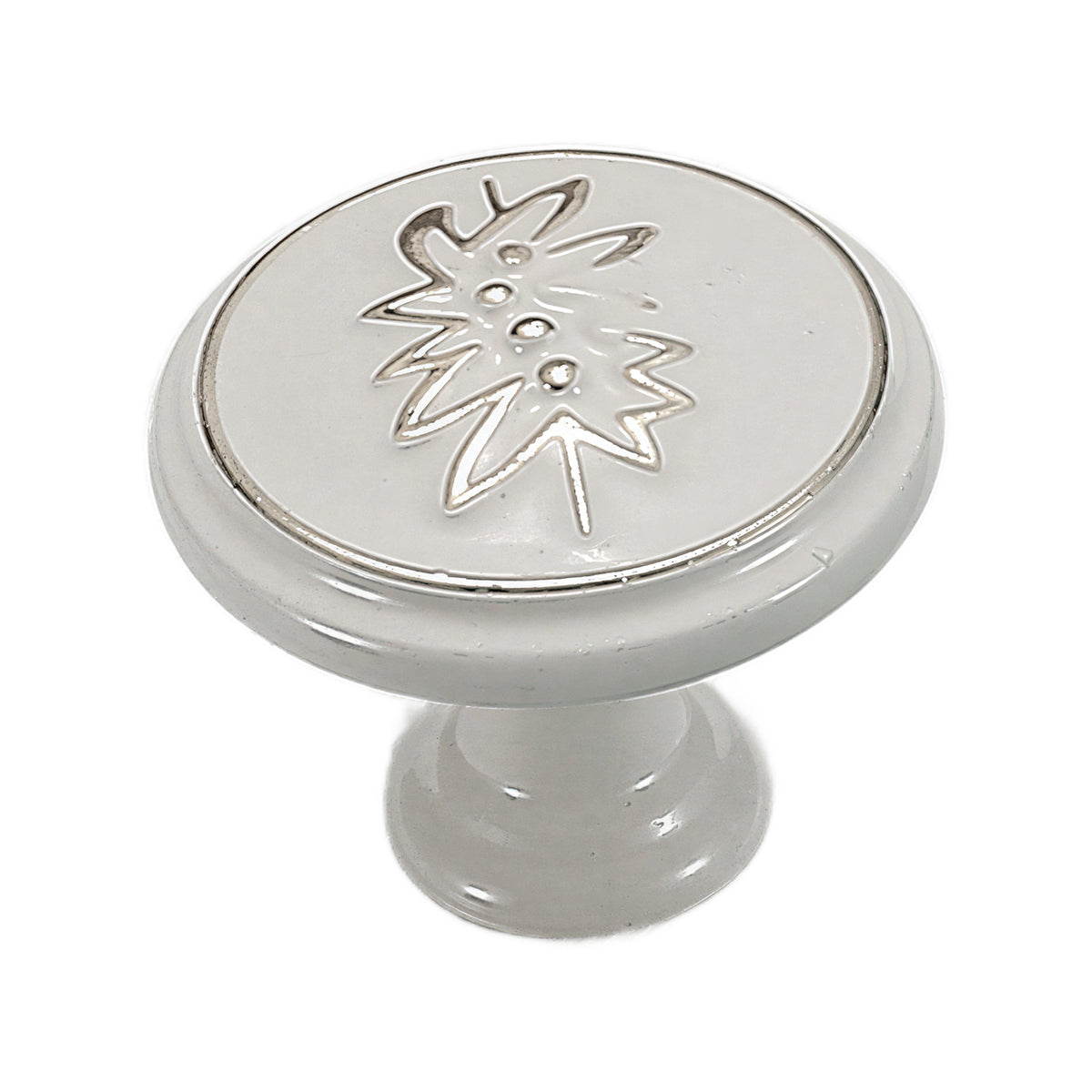 White and silver-tone round cabinet knob with an engraved flower motif, option No. 4.