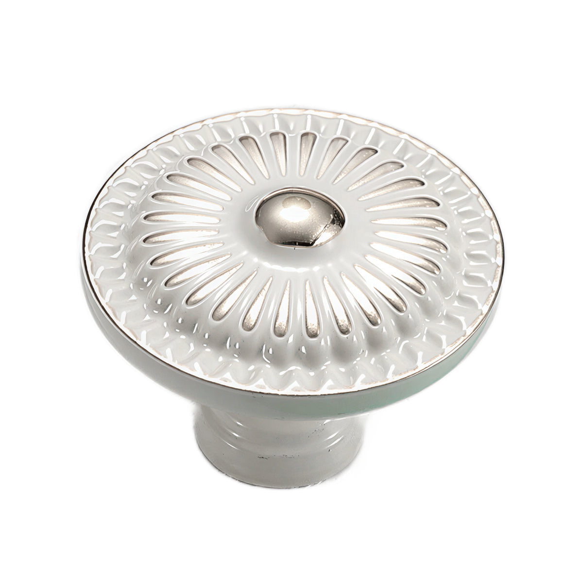 White and silver-tone round cabinet knob with a raised sunburst rosette, option No. 3.