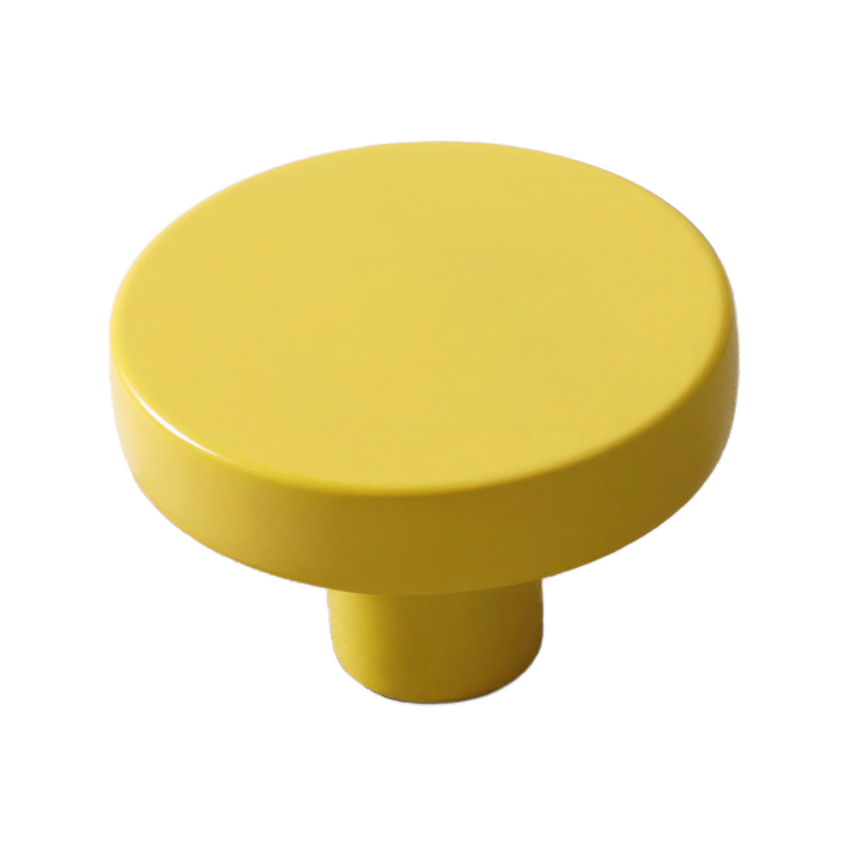 Yellow round cabinet knob with a flat top, 35 mm.