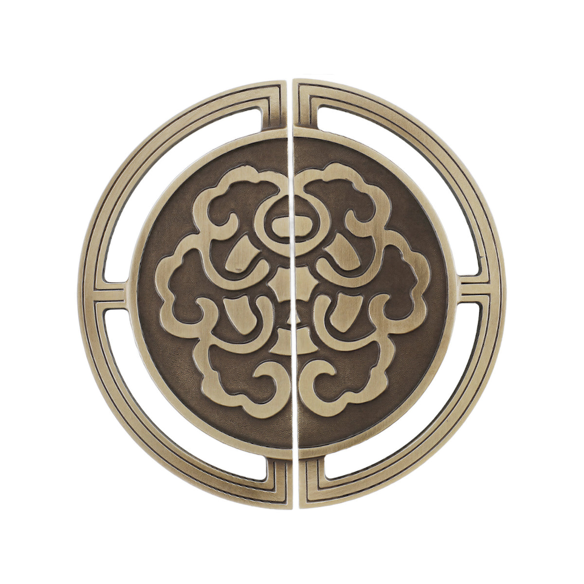 Antique bronze-tone circular cabinet pull with a floral center, 64 mm, option No. 5.