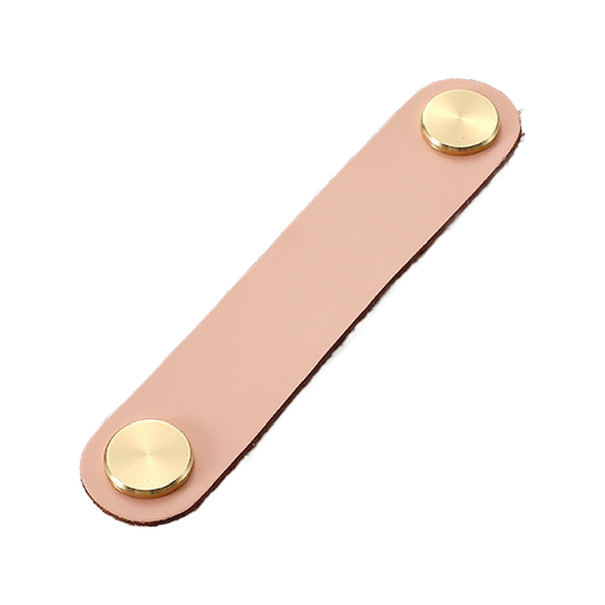 Powder pink leather cabinet pull with two round gold-tone fasteners, 96 mm.