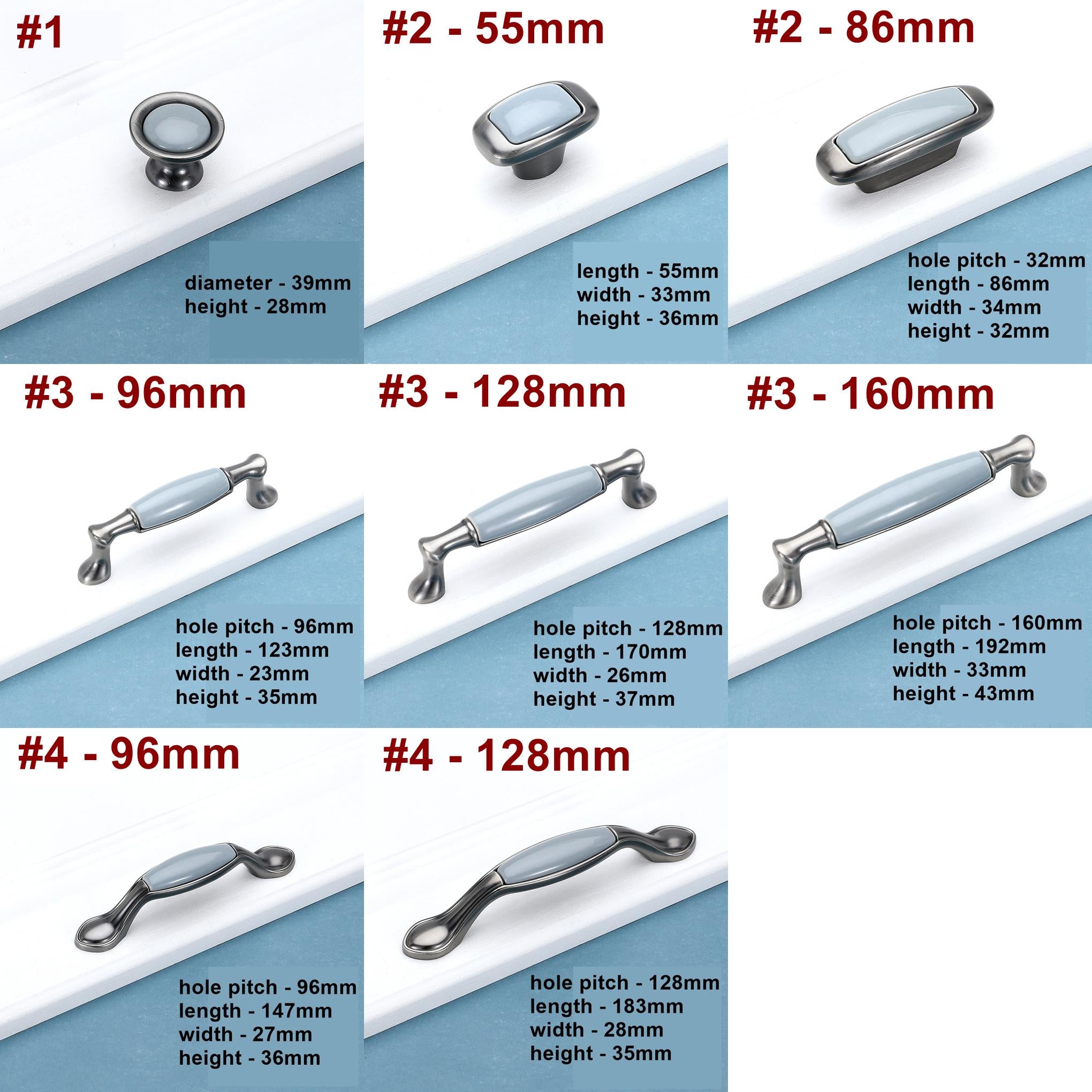 Ceramic Cabinet Pulls & Knobs - Brushed Nickel Finish for Cabinets - #2 - 55mm / 1pc