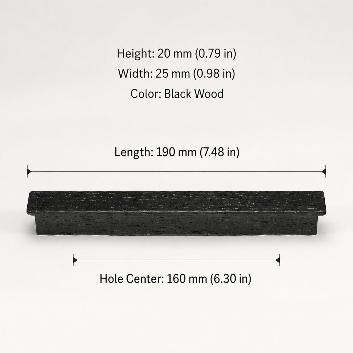 Dimensions of black-finish oak wood cabinet finger pull, style #1 (160 mm option).