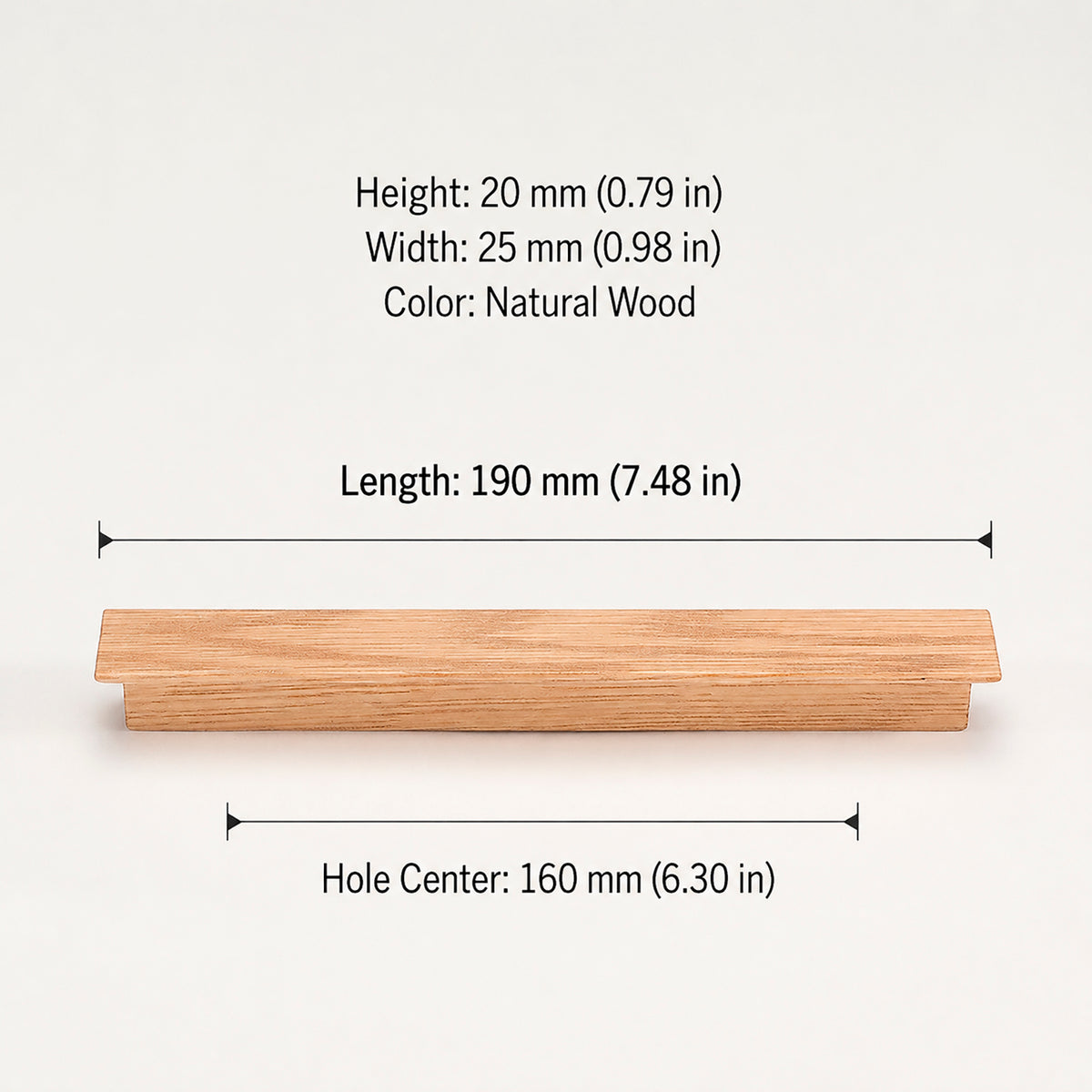 Dimensions of oak wood cabinet finger pull, style #1 (160 mm option).