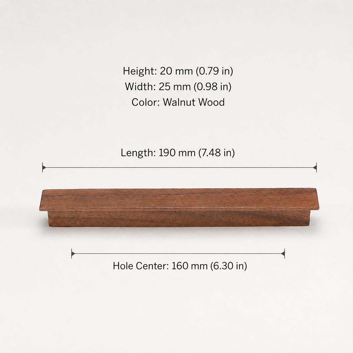 Dimensions of walnut wood cabinet finger pull, style #1 (160 mm option).