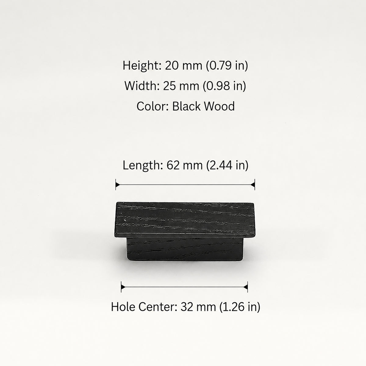 Dimensions of black-finish oak wood cabinet finger pull, style #1 (32 mm option).