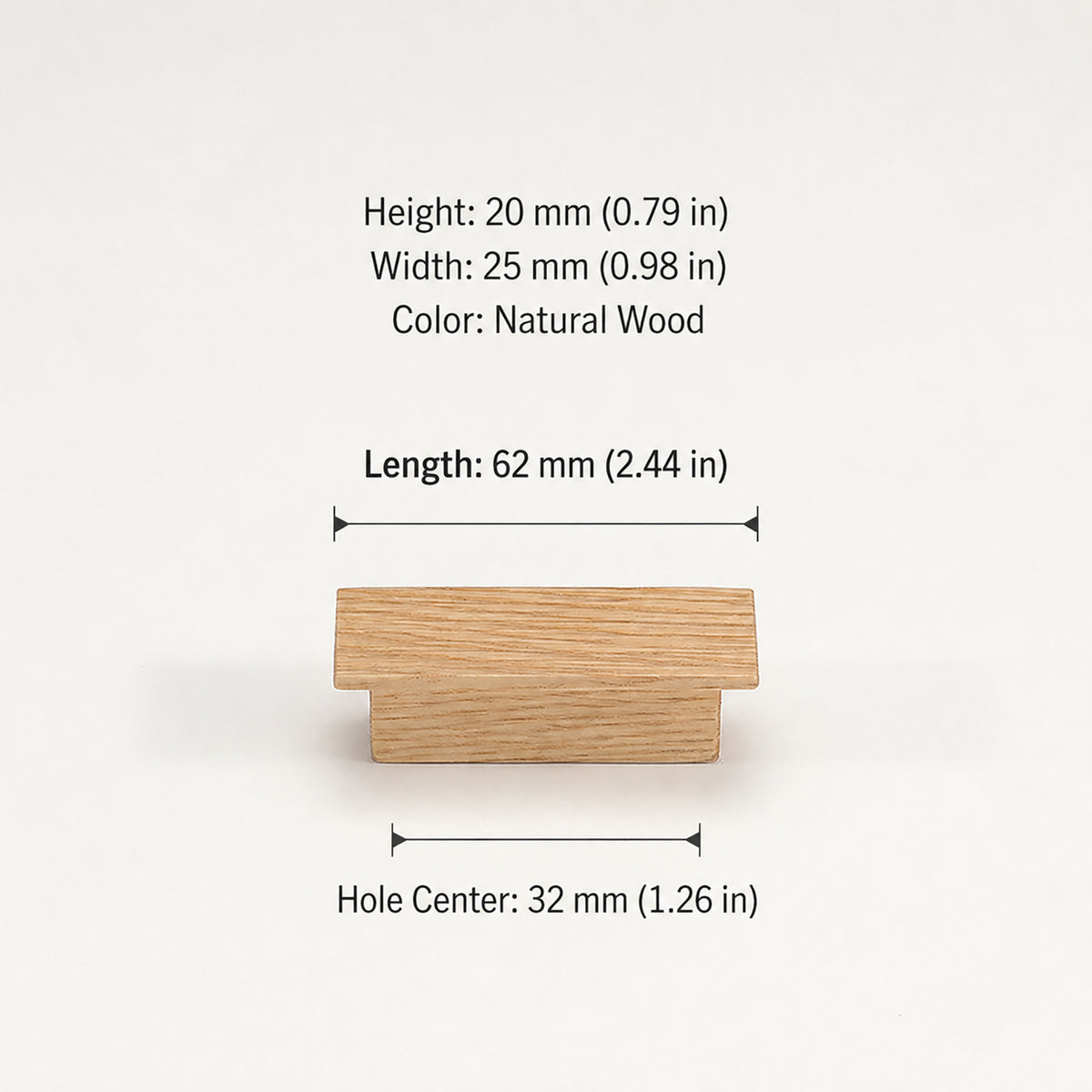 Dimensions of oak wood cabinet finger pull, style #1 (32 mm option).