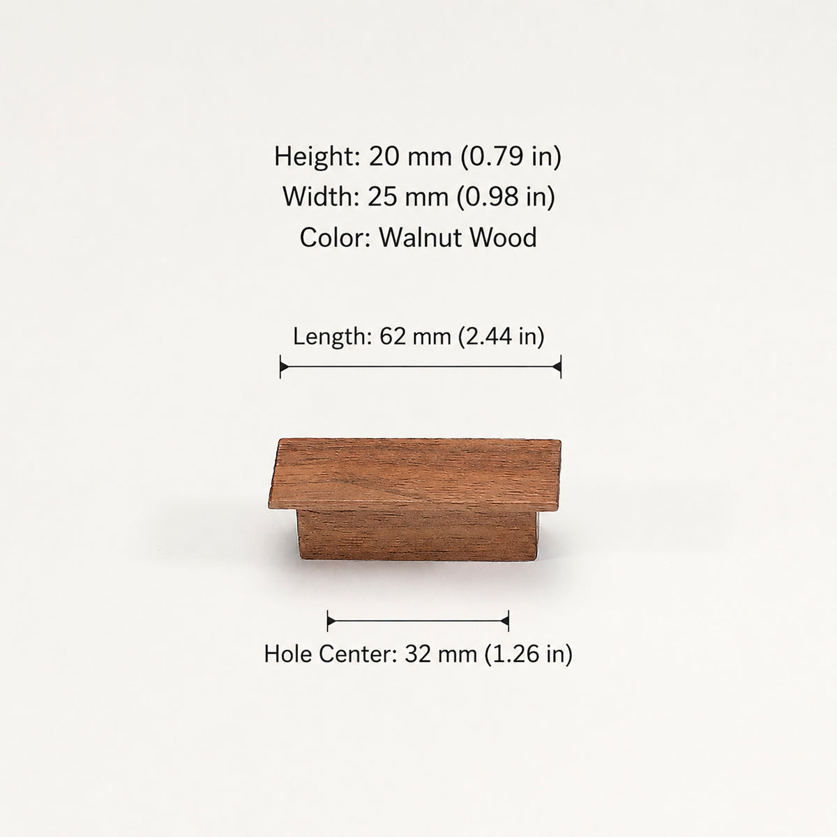Dimensions of walnut wood cabinet finger pull, style #1 (32 mm option).