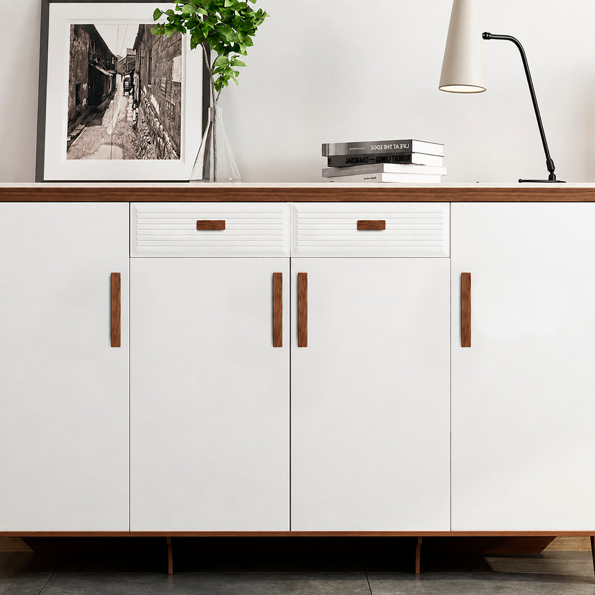 Walnut wood cabinet finger pull, style #1 (32 mm option) fitted to cabinetry.