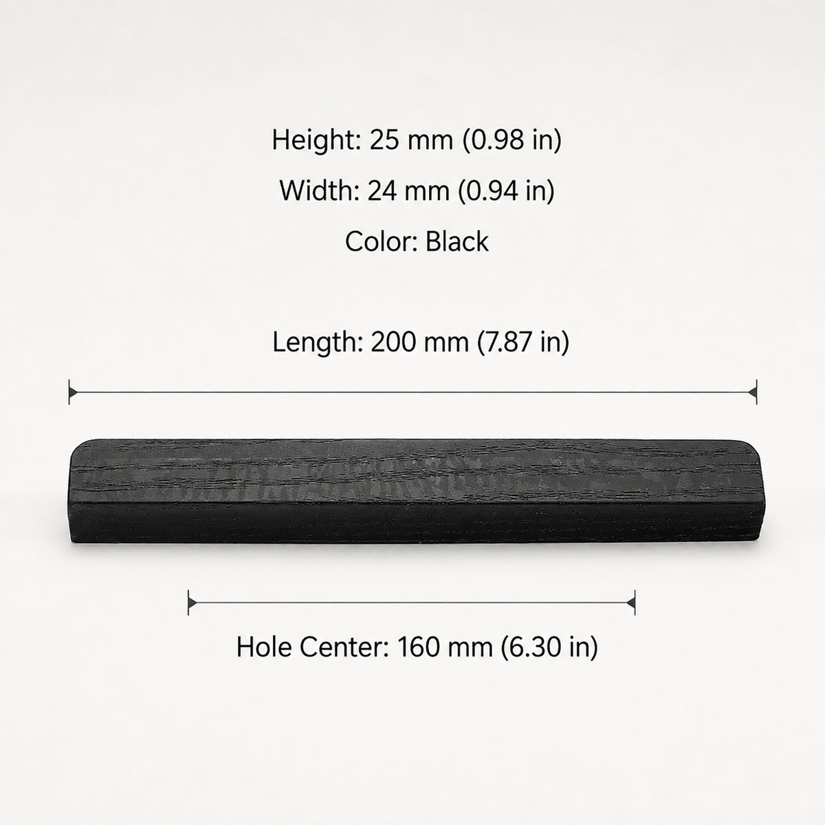 Dimensions of black-finish oak wood cabinet finger pull, style #2 (160 mm option).