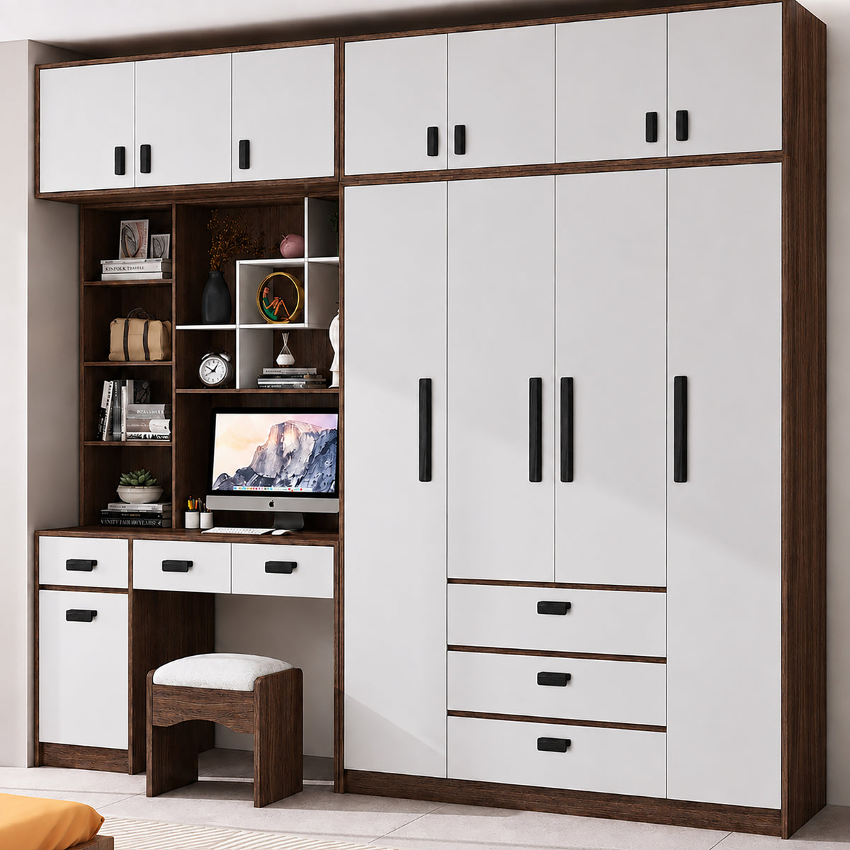 Black-finish oak wood cabinet finger pull, style #2 (160 mm option) fitted to cabinetry.