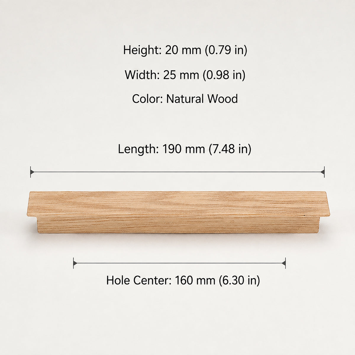 Dimensions of the oak wood finger pull: 190 mm long, 160 mm mounting centers, 25 mm wide and 20 mm high.