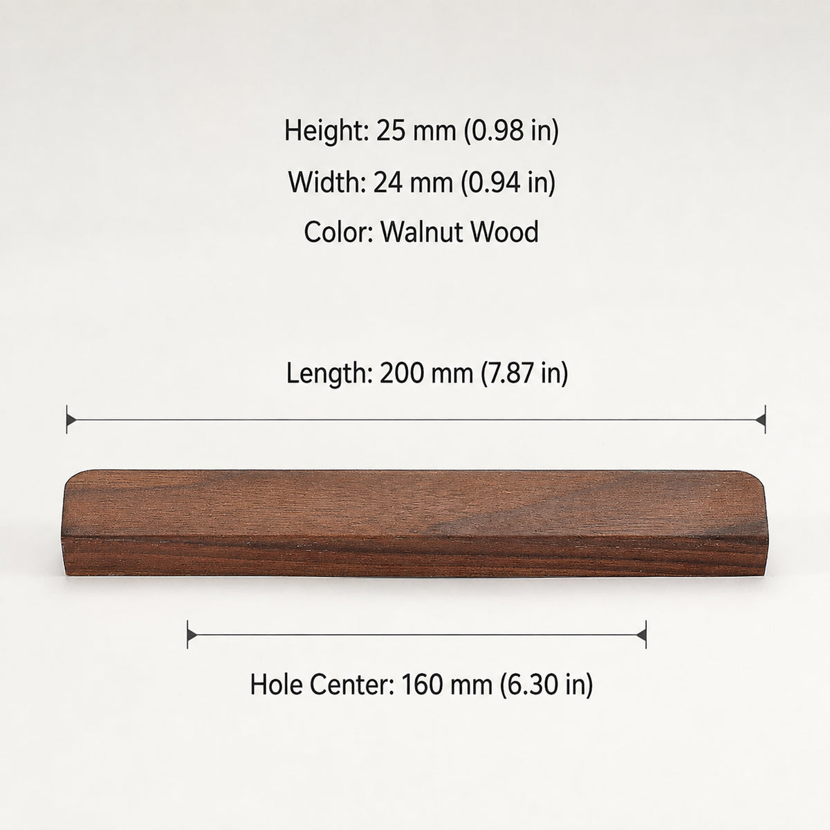 Dimensions of walnut wood cabinet finger pull, style #2 (160 mm option).