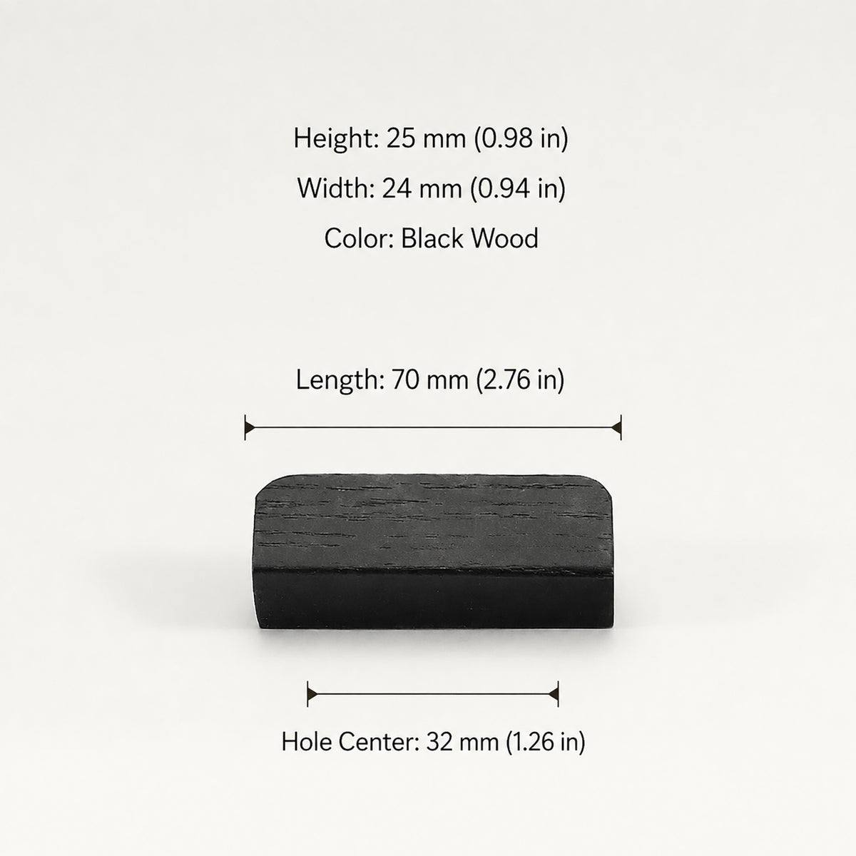 Dimensions of black-finish oak wood cabinet finger pull, style #2 (32 mm option).