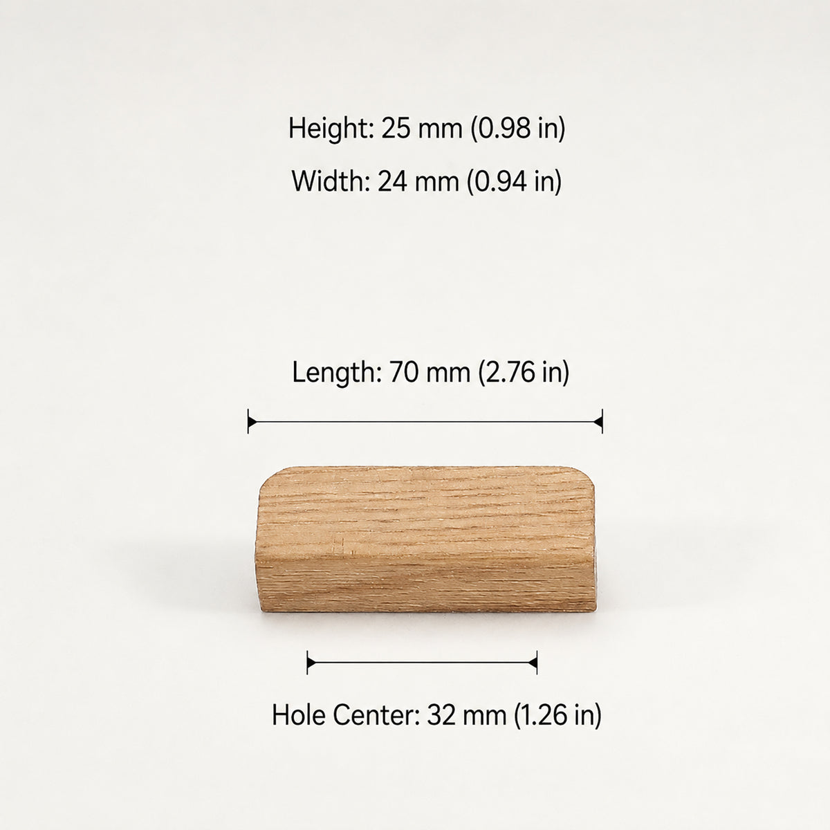 Dimensions of oak wood cabinet finger pull, style #2 (32 mm option).