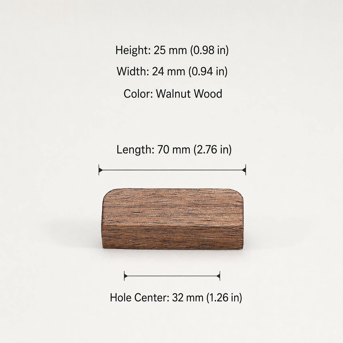 Dimensions of walnut wood cabinet finger pull, style #2 (32 mm option).