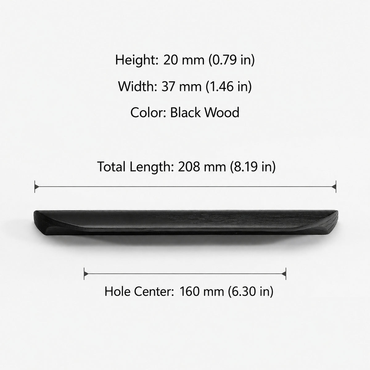 Dimensions of black-finish oak wood cabinet finger pull, style #3 (160 mm option).