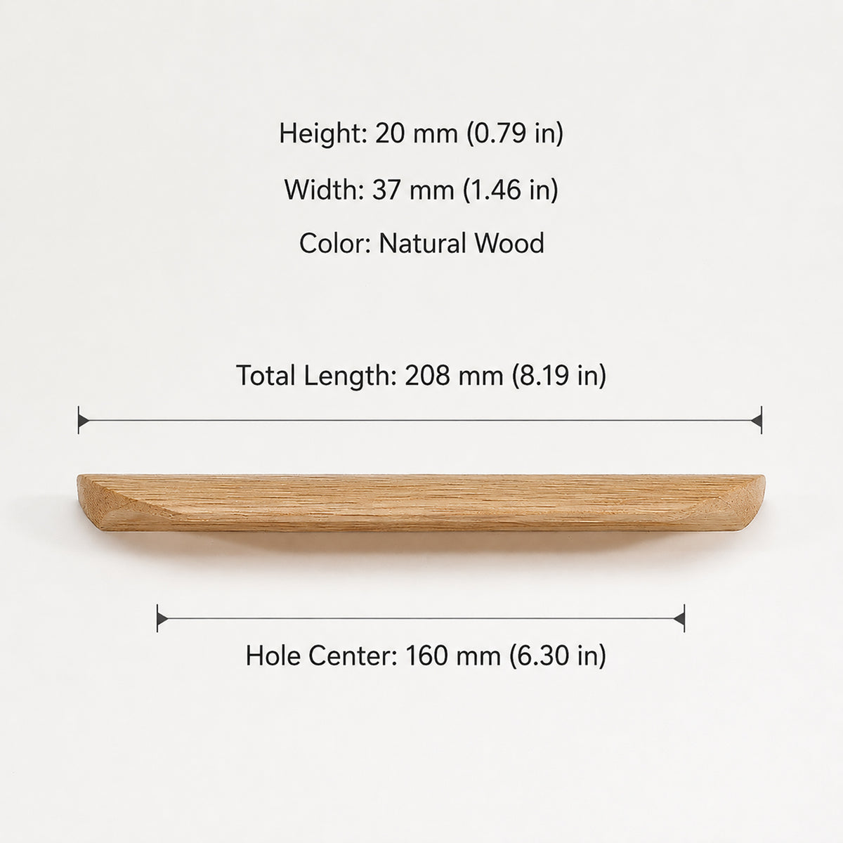 Dimensions of oak wood cabinet finger pull, style #3 (160 mm option).