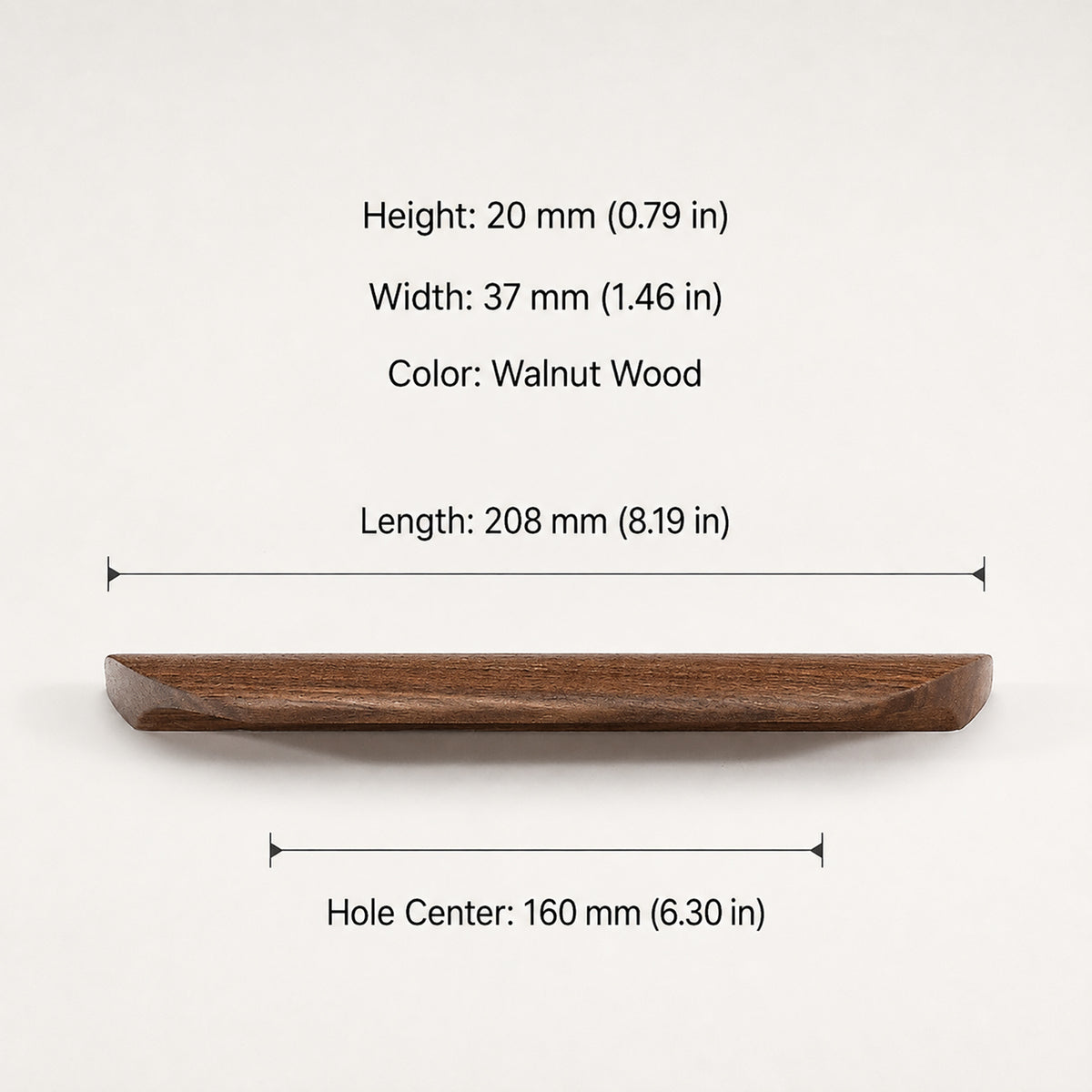 Dimensions of walnut wood cabinet finger pull, style #3 (160 mm option).