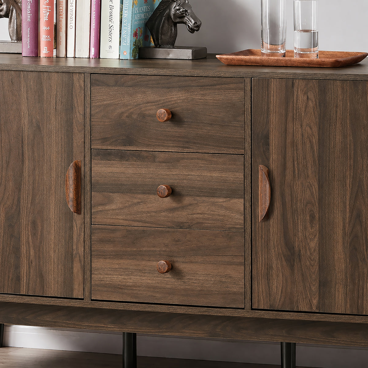 Walnut wood cabinet finger pull, style #3 (160 mm option) fitted to cabinetry.