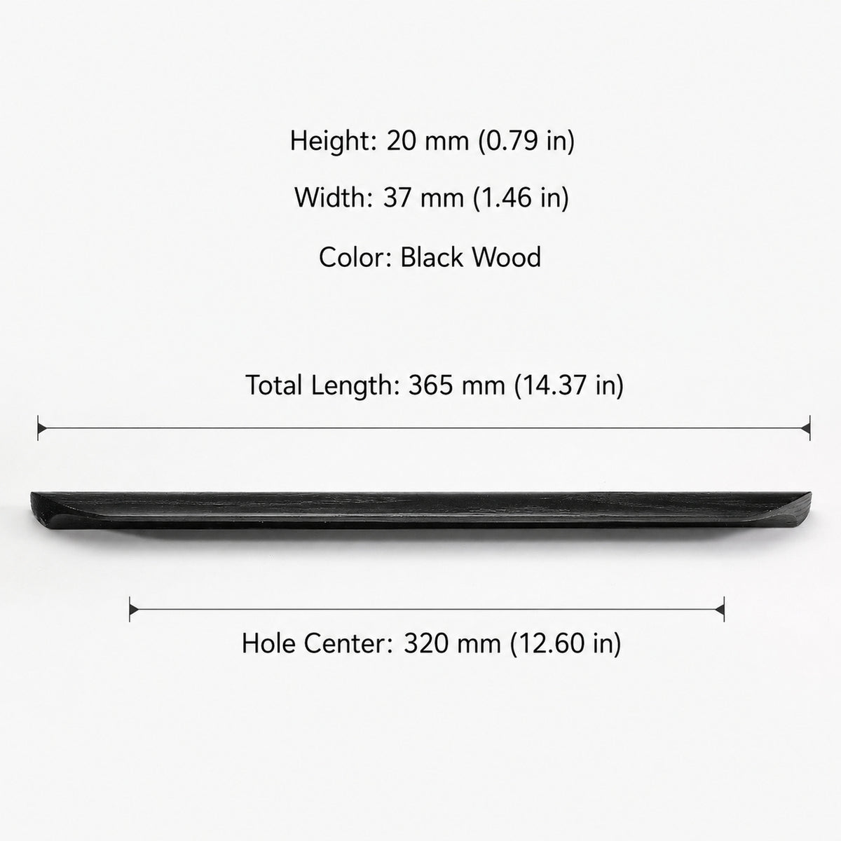 Measurements and mounting details for black oak cabinet finger pull with a tapered grip, style #3 (320 mm hole centers).