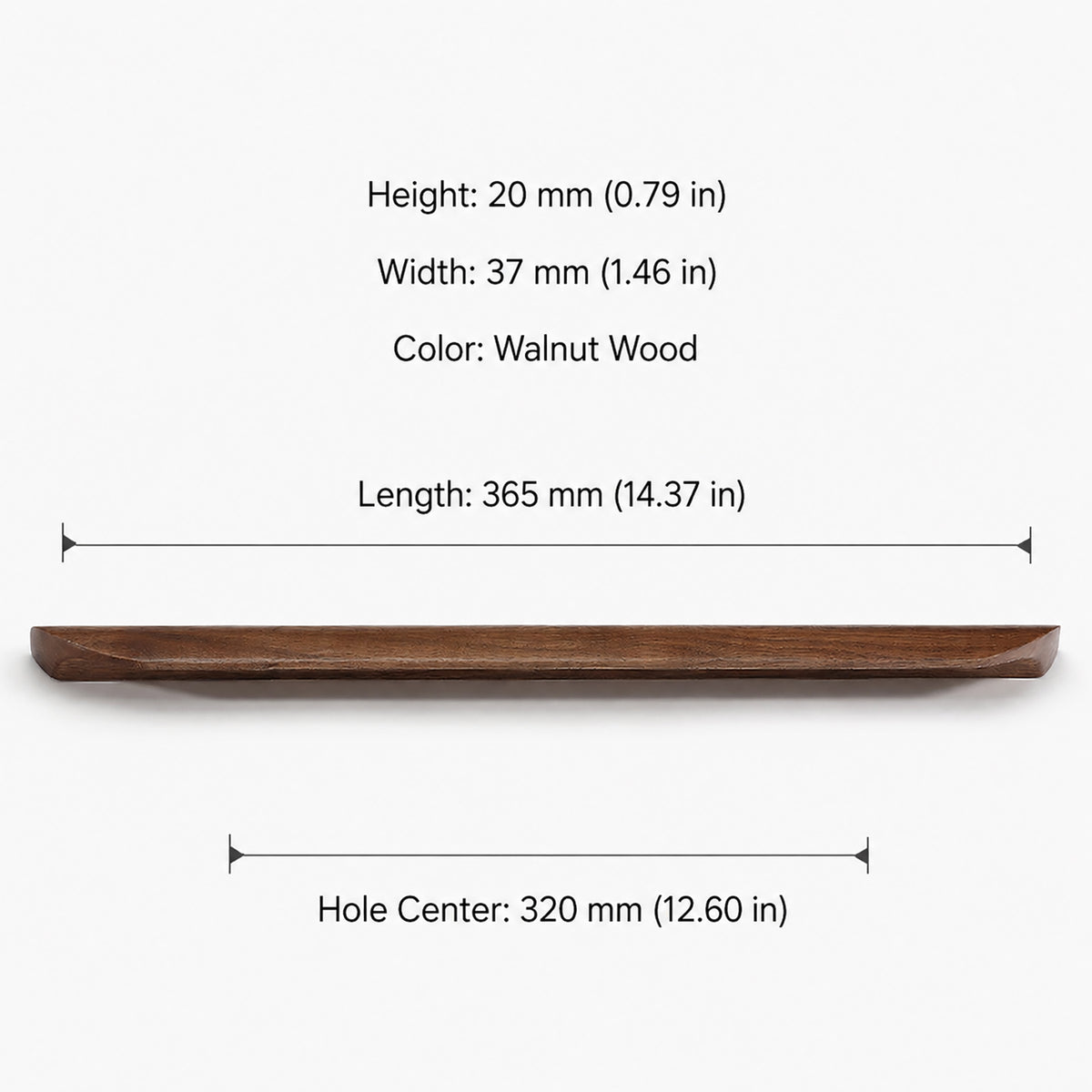 Dimensions of walnut wood cabinet finger pull, style #3 (320 mm option).