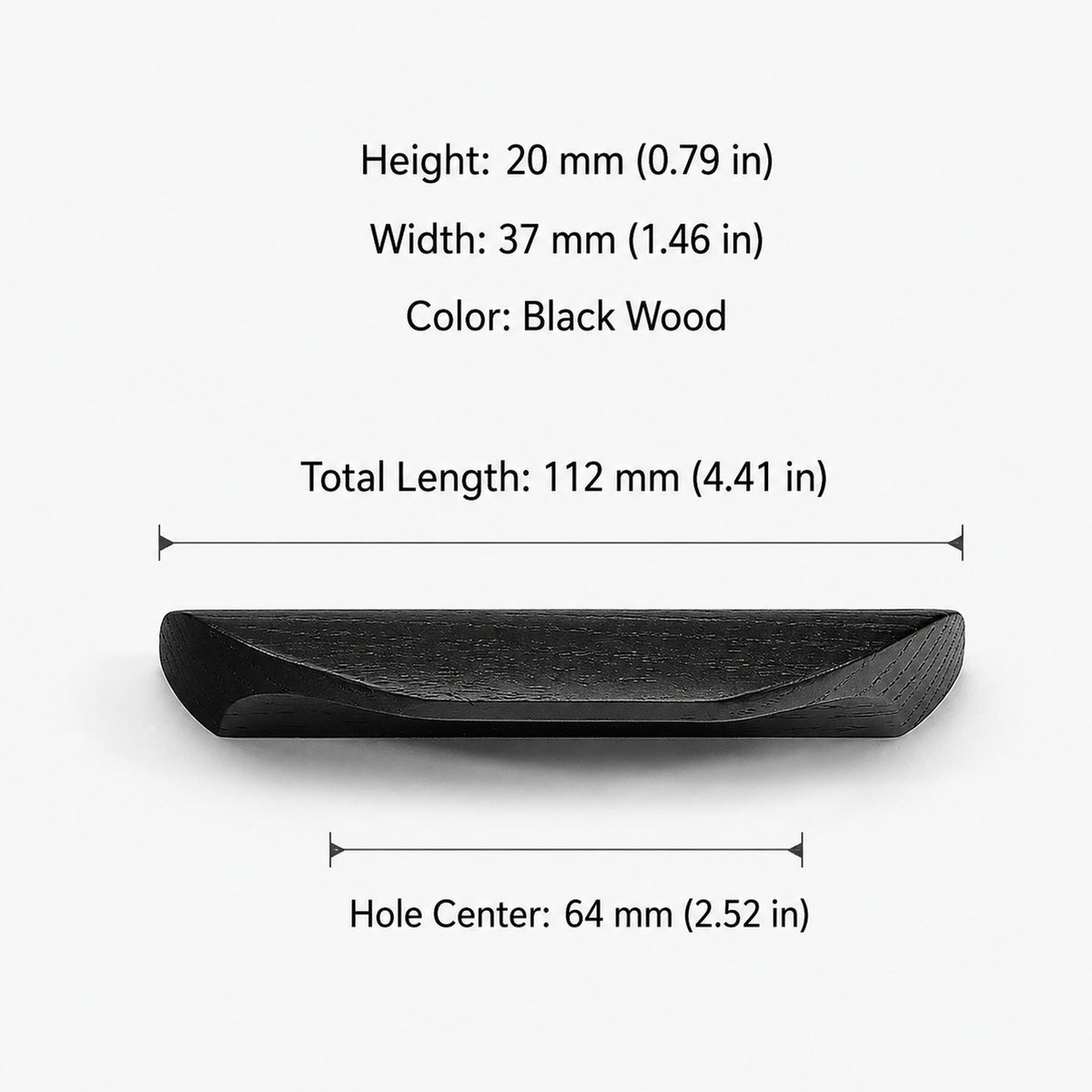 Dimensions of black-finish oak wood cabinet finger pull, style #3 (64 mm option).