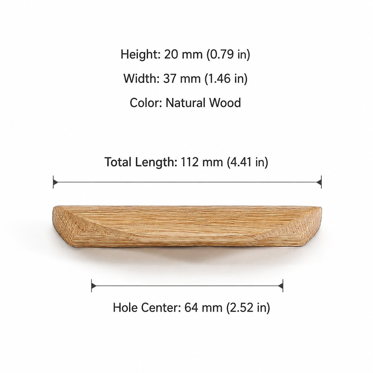Dimensions of oak wood cabinet finger pull, style #3 (64 mm option).