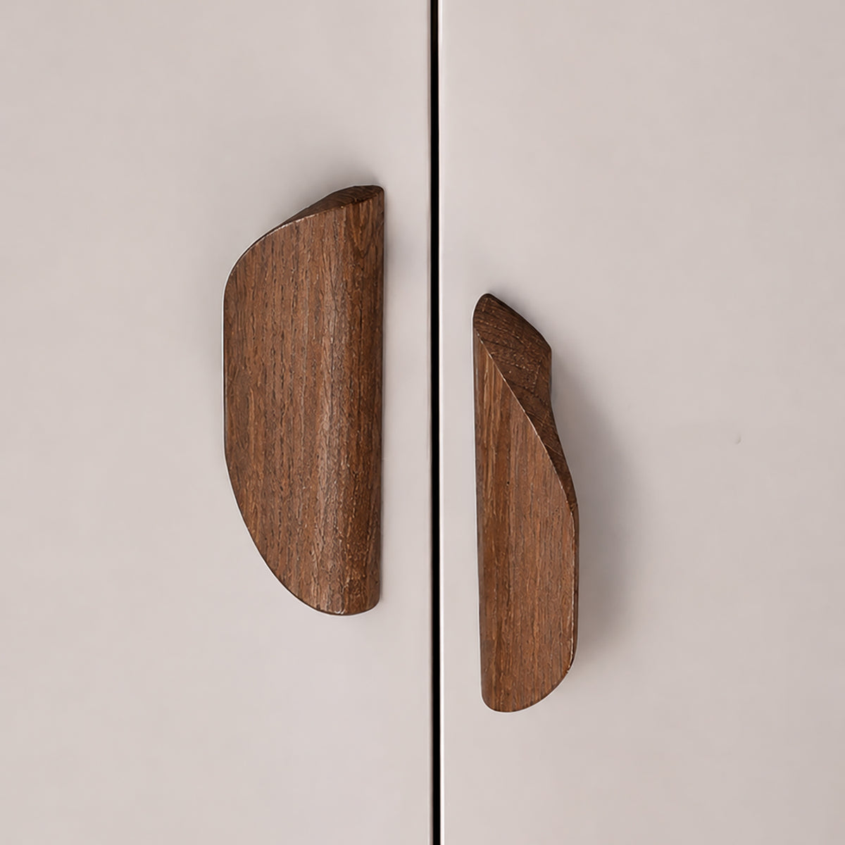 Walnut wood cabinet finger pull, style #3 (64 mm option) fitted to cabinetry.