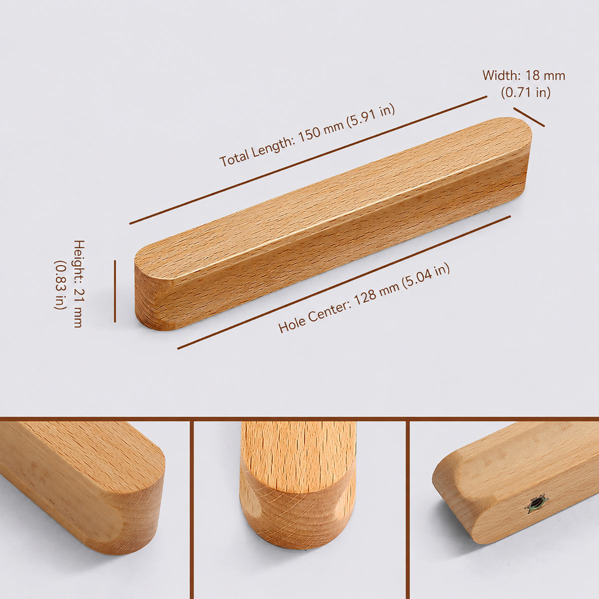 Measurements and mounting details for beech wood cabinet finger pull with a gently curved face (128 mm hole centers).