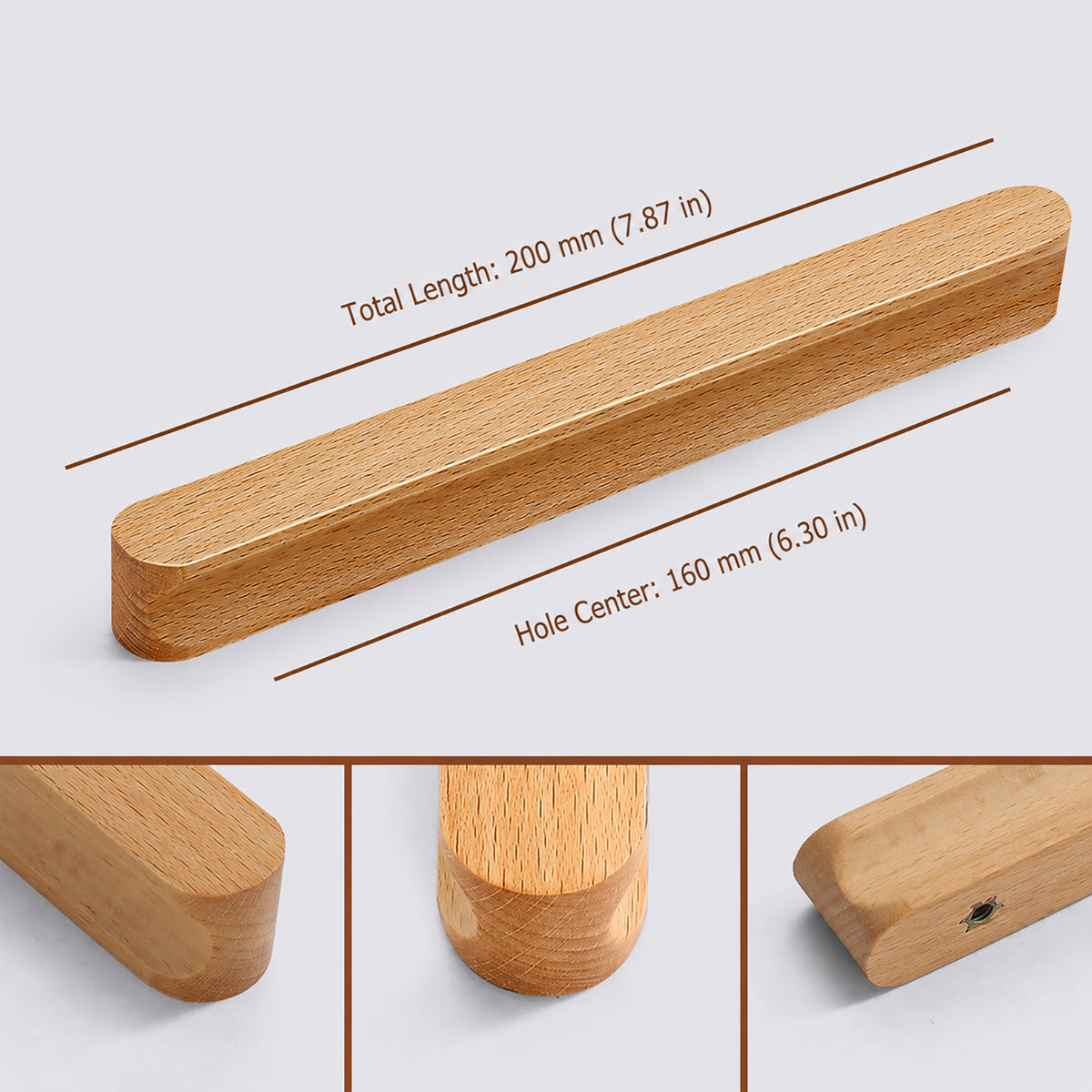 Measurements and mounting details for beech wood cabinet finger pull with a gently curved face (160 mm hole centers).